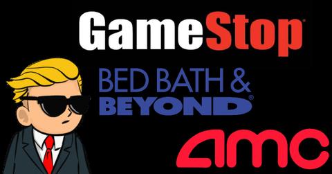 The logo for Reddit's WallStreetBets on a field of black with the logos for Game Stop, Bed Bath & Beyond and AMC Theatres