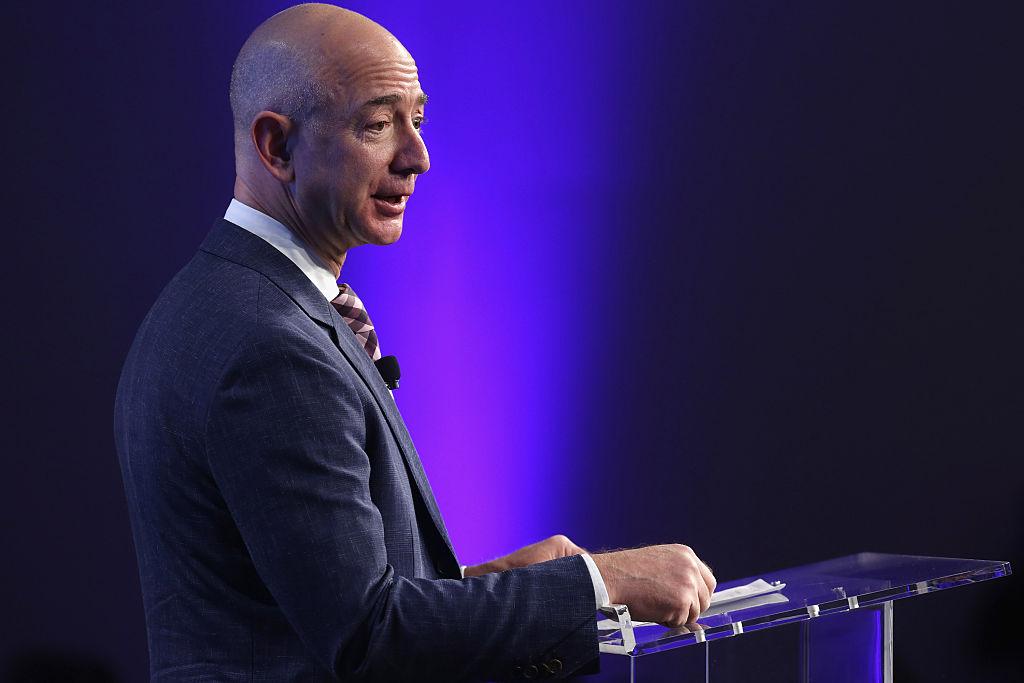 Amazon founder and Washington Post owner Jeff Bezos delivers remarks during the opening ceremony