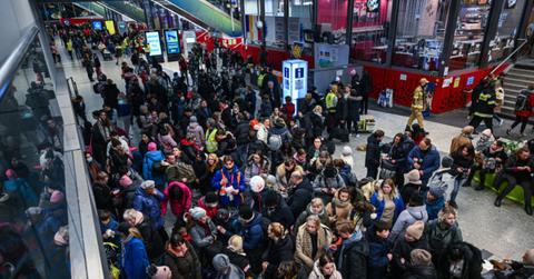 Ukrainian refugees in Krakow, Poland, being relocated to Berlin.