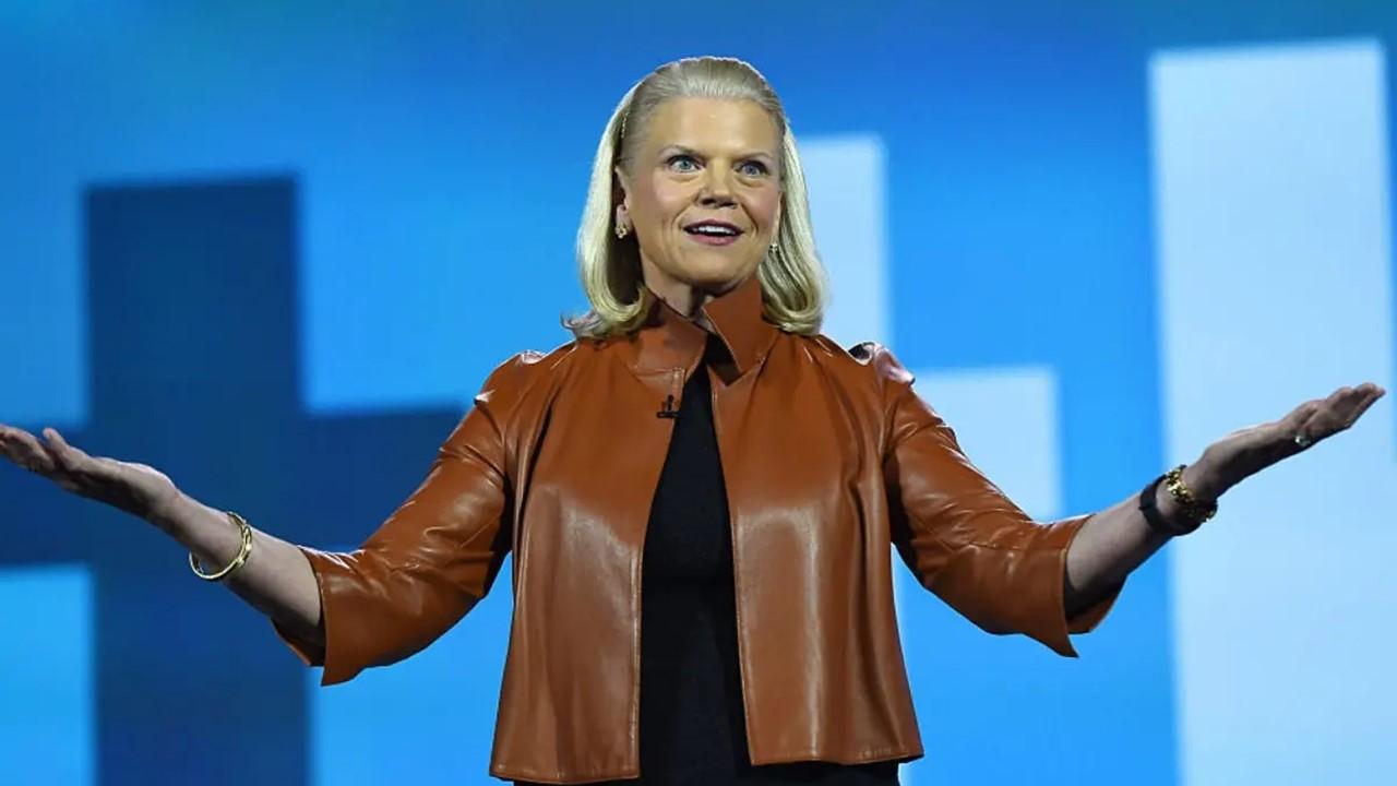 Ginni Rometty wearing a brown leather jacket during her keynote address at CES in 2016