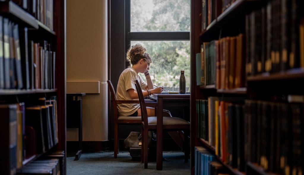 College student studying in library