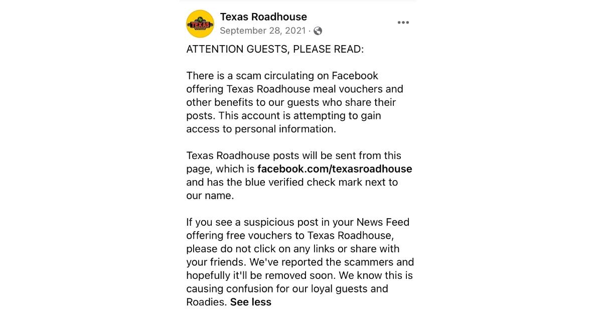 What Is the Texas Roadhouse Voucher Scam on Facebook?