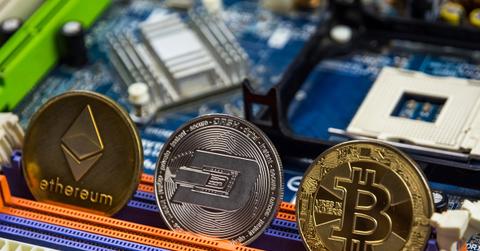 Bitcoin, Etherium, Dash coin and motherboard