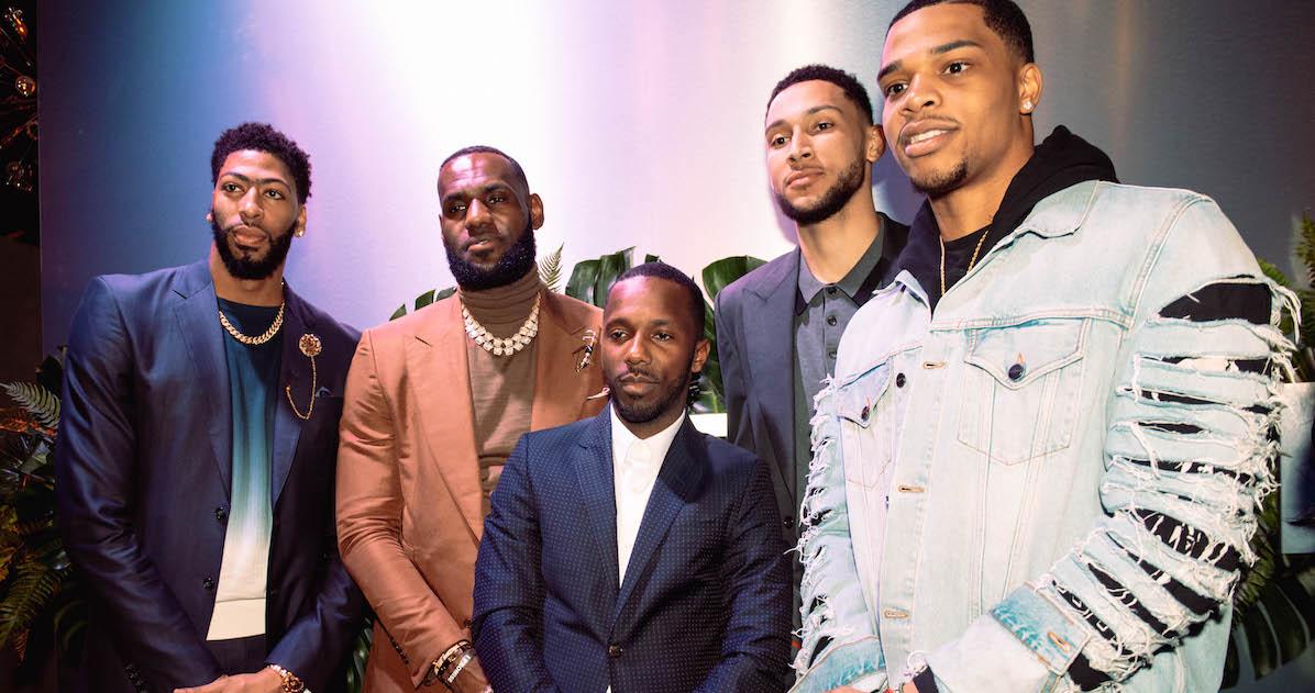 (L-R) Anthony Davis, LeBron James, Rich Paul, Ben Simmons, and Miles Bridges attend the Klutch 2019 All Star Weekend Dinner.