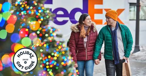 A couple Christmas shopping and a FedEx truck