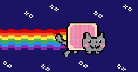 A picture of Nyan cat, a cat with a Pop-Tart torso that leaves a rainbow trail.