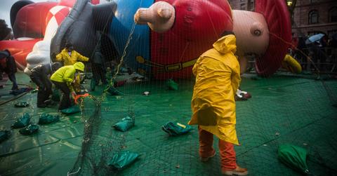 Workers filling a balloon with helium for the Macy's Thanksgiving parade