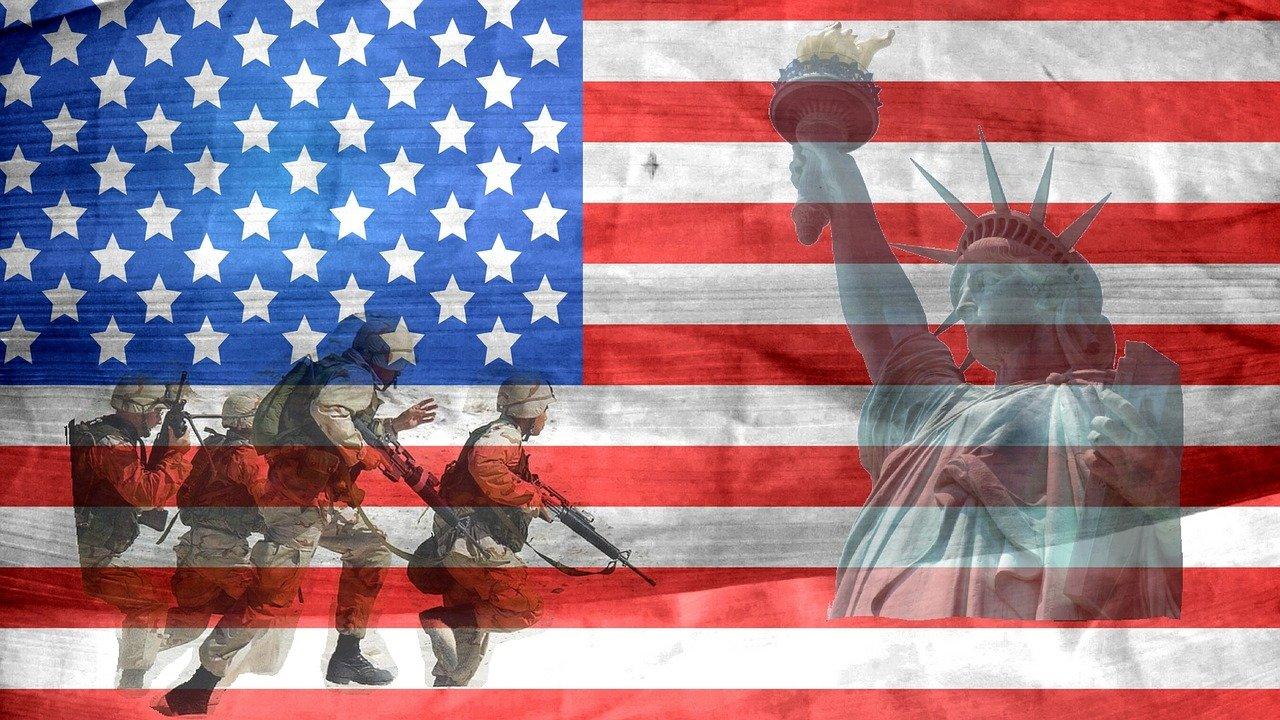 U.S. military against US flag and Statue of Liberty