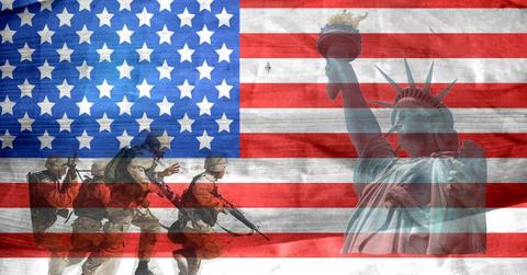 U.S. military against US flag and Statue of Liberty