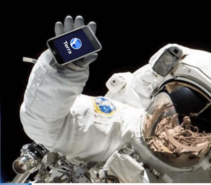 Astronaut with a phone having Terra logo