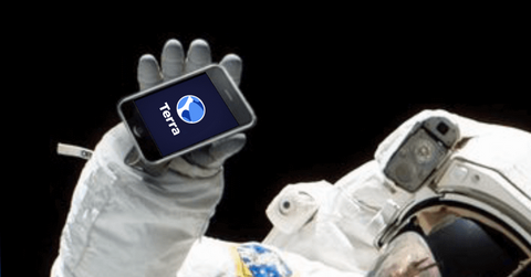 Astronaut with a phone having Terra logo