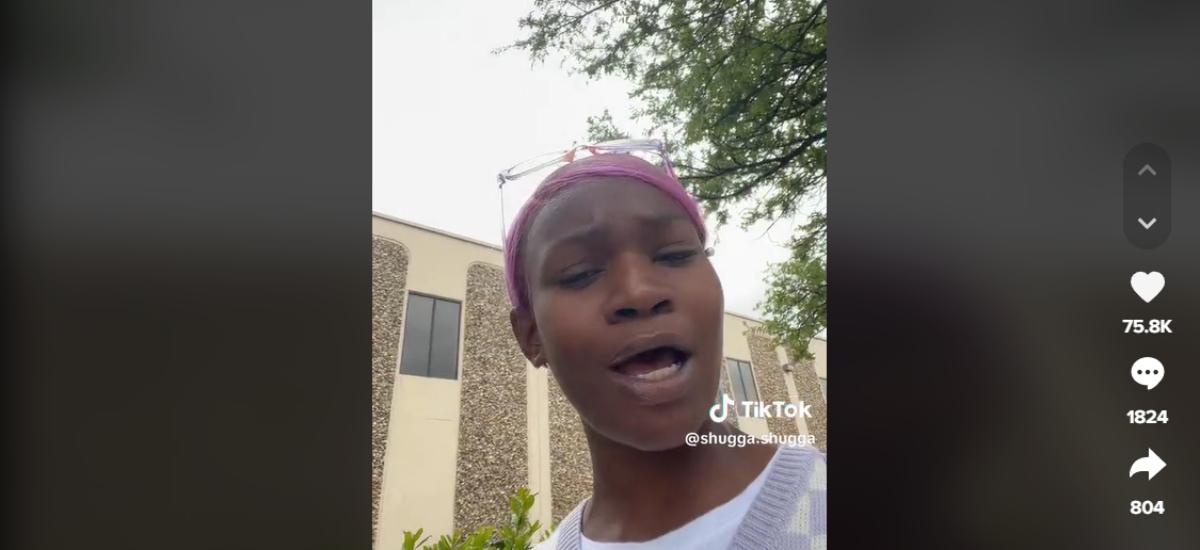 A woman in a TikTok video with pink hair