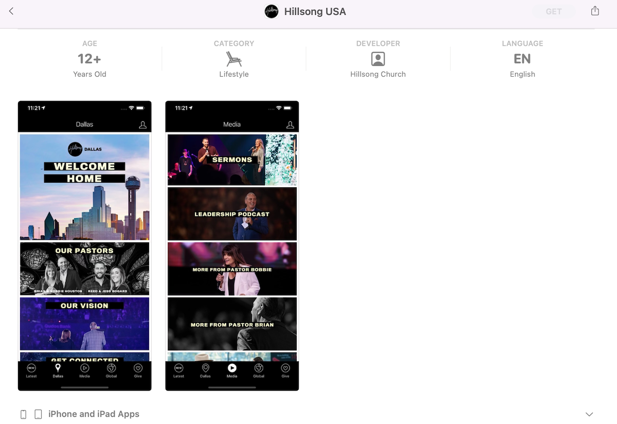 A screenshot of the Hillsong app on the AppStore