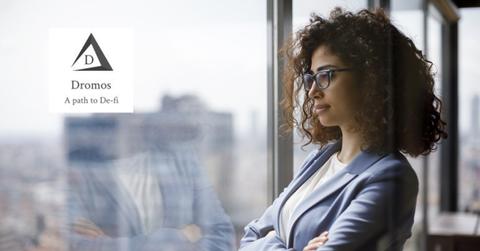 Woman looking out a window and Dromos logo