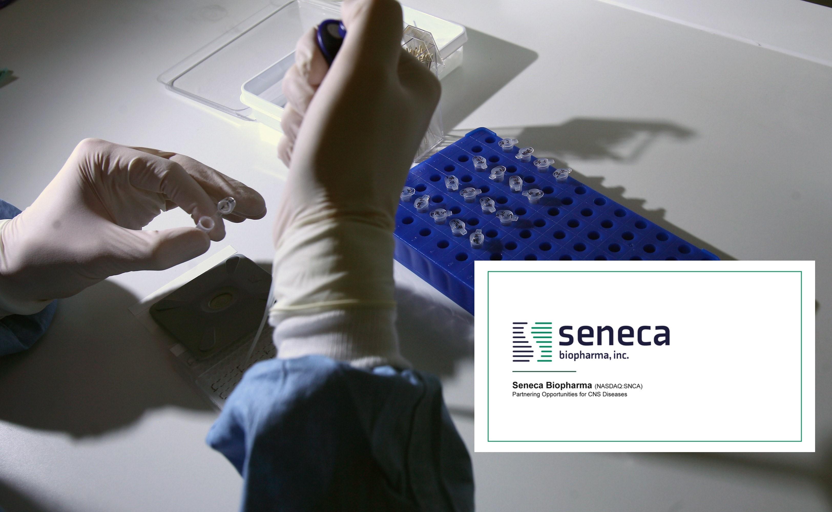 Seneca Biopharma Logo over pharmaceutical lab