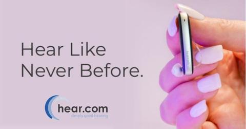Hear.com logo and a woman holding a hearing device