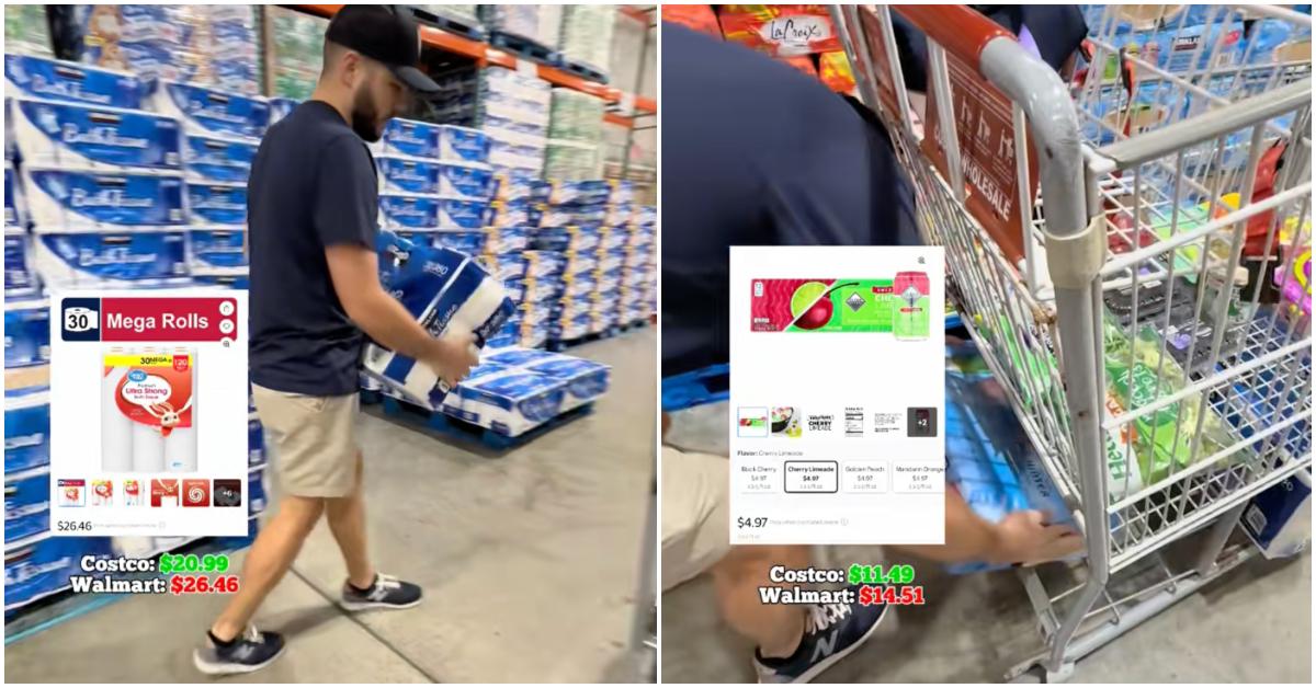 Costco shopper compares prices with Walmart.
