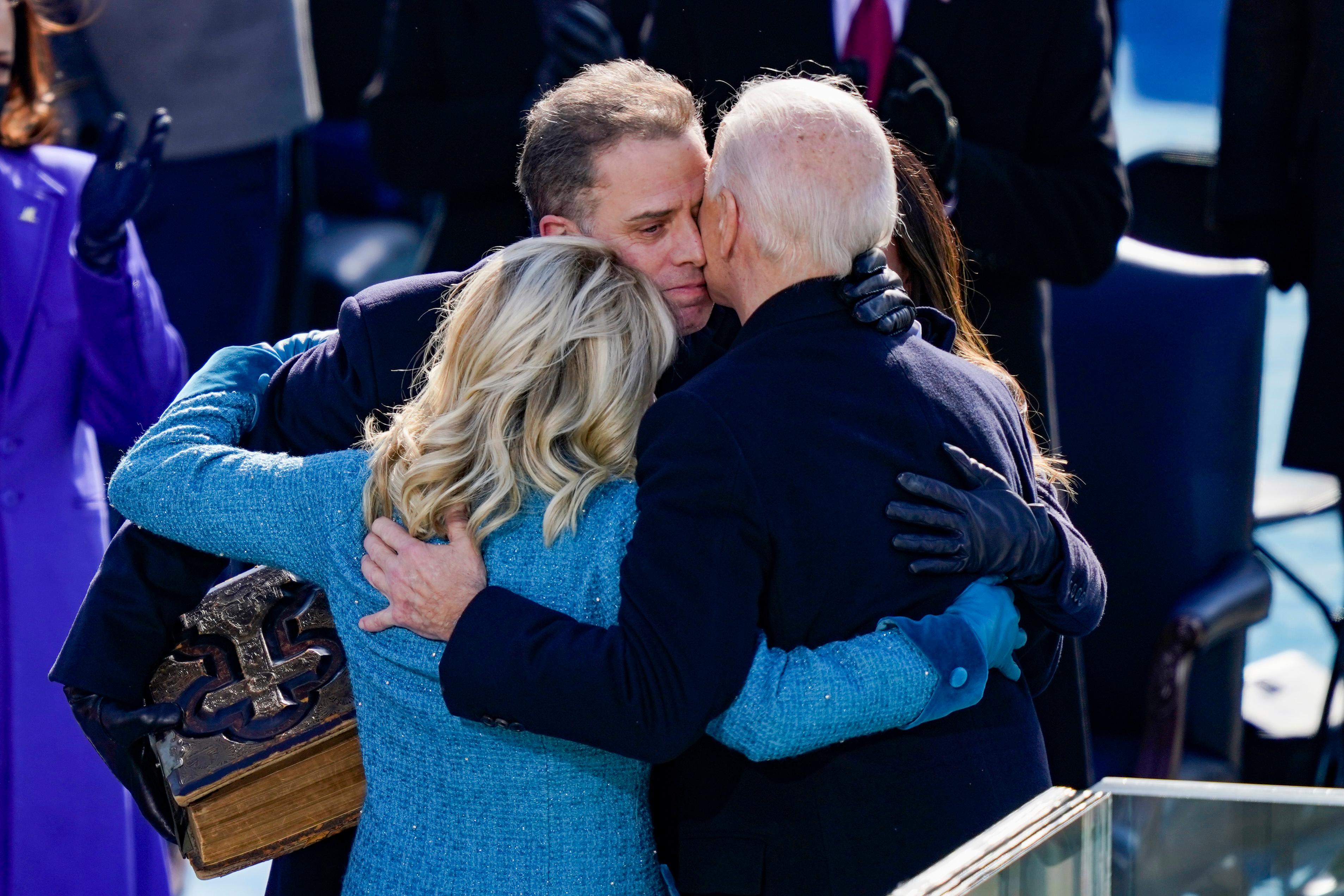 Hunter Biden hugging Jill and Joe Biden at Inauguration Ceremony