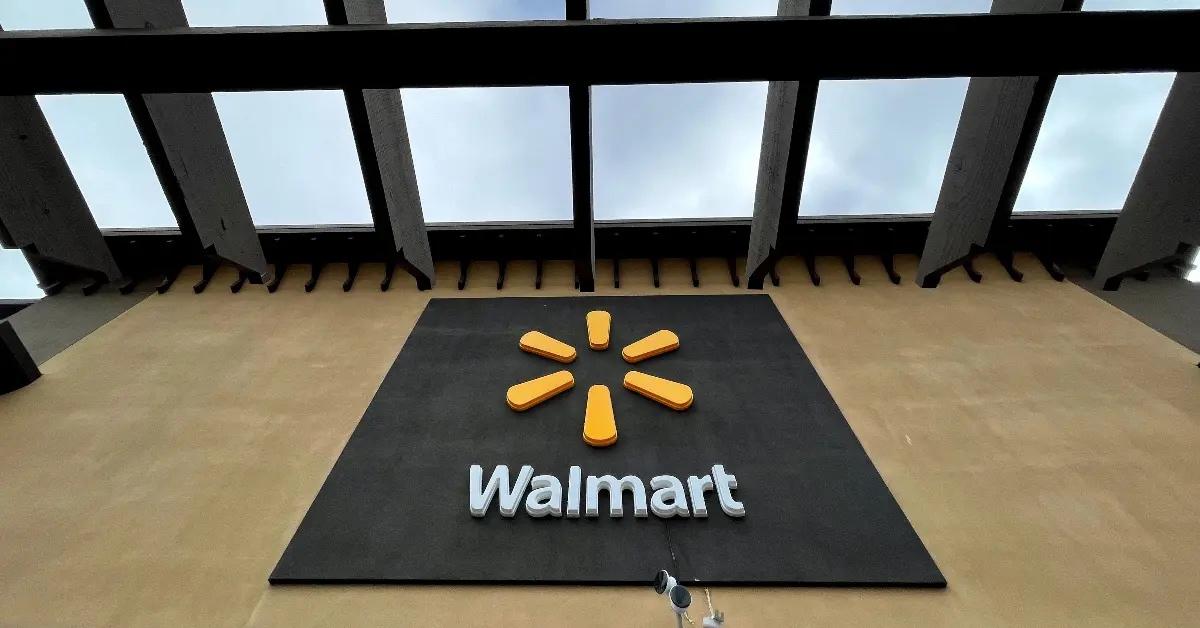 An up close view of a Walmart store front sign.