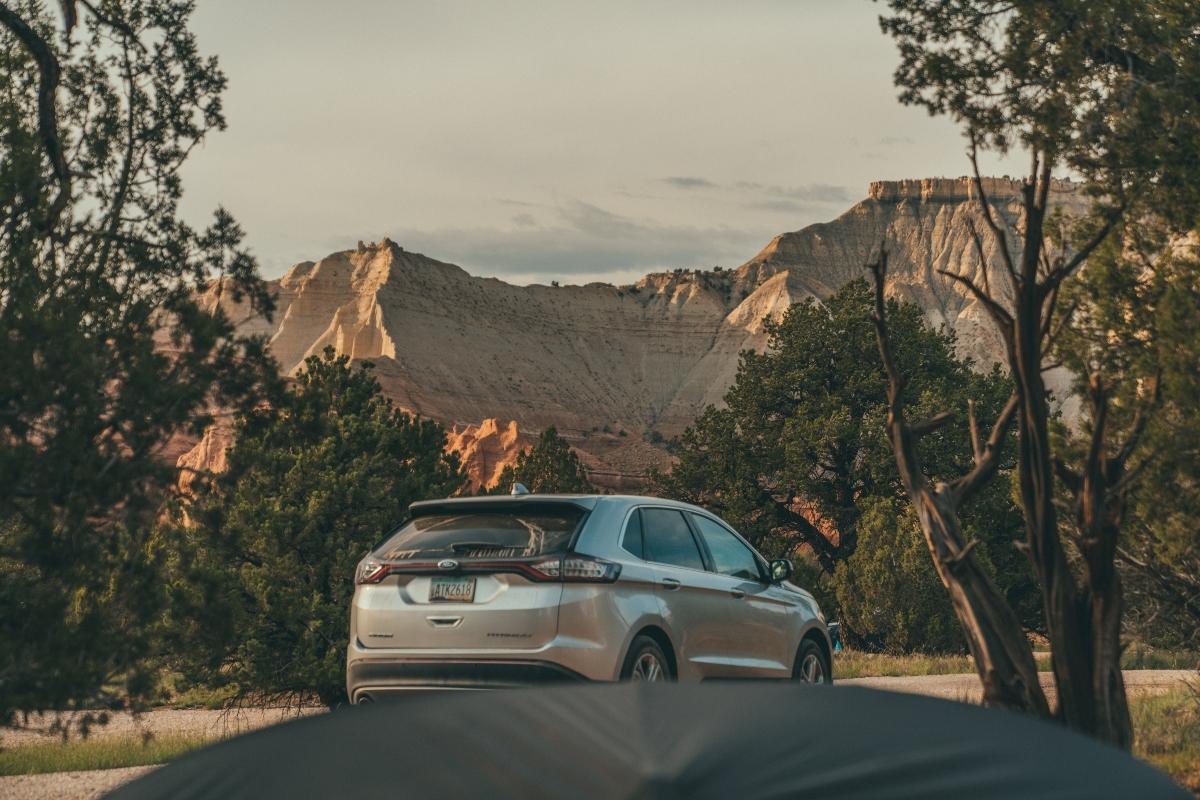 A car parked near mountains