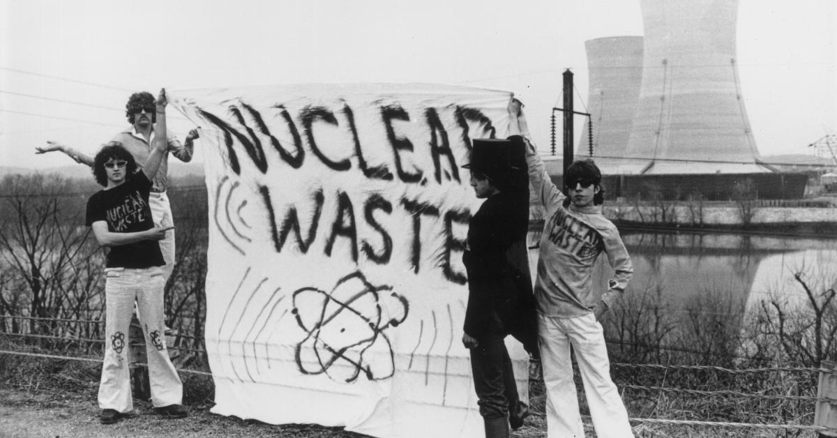 people protesting in front of Three Mile Island after nuclear accident