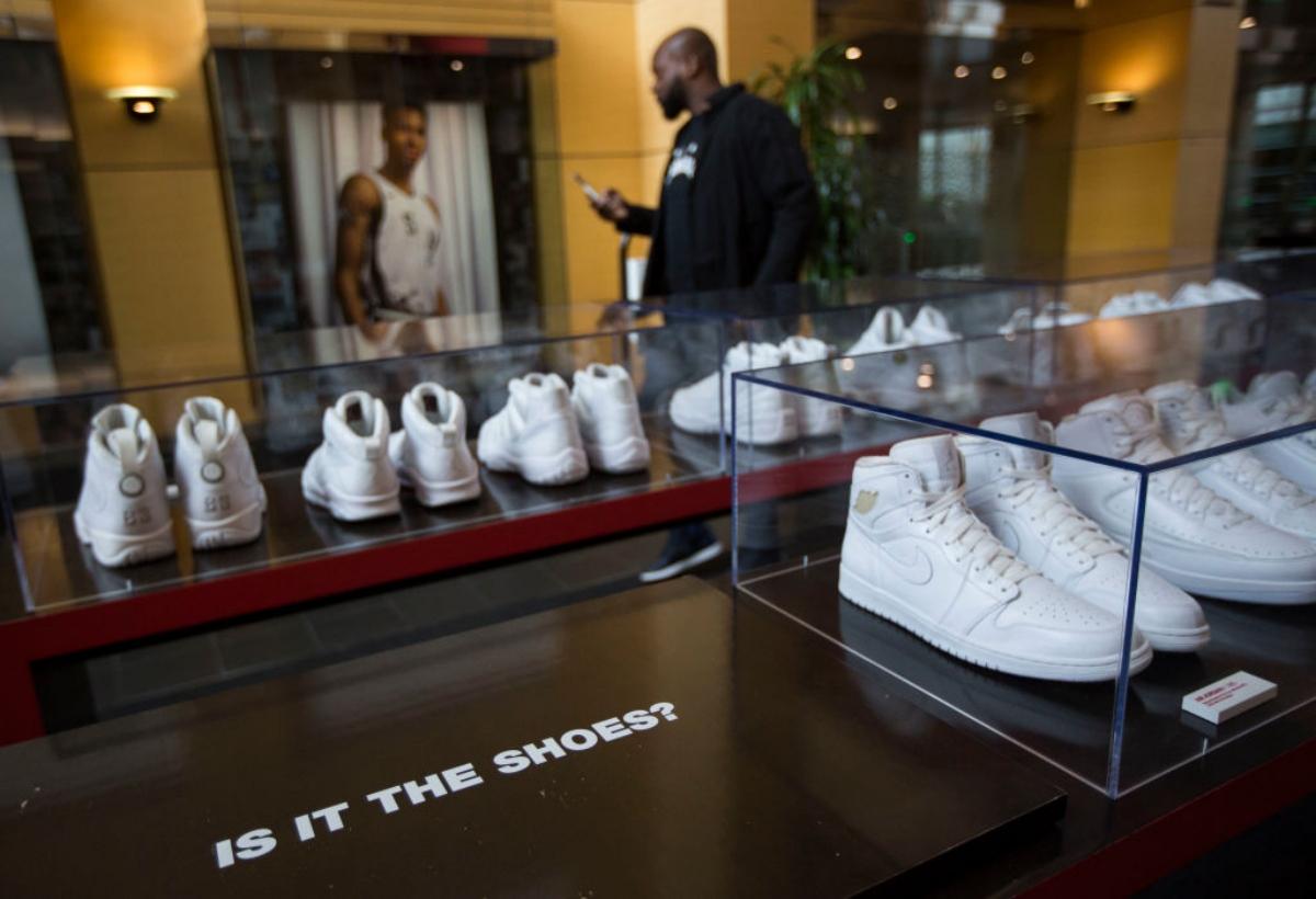 Shoes on display at Nike headquarters in 2018