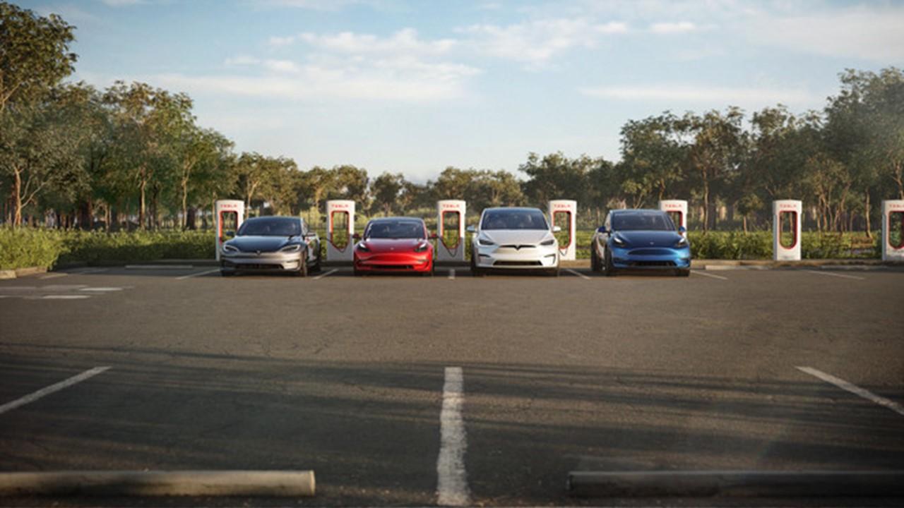 Tesla cars lined up charging