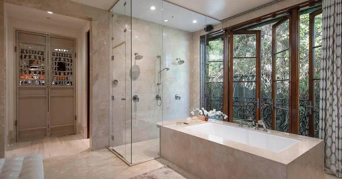 One of five full bathrooms in the Montecito home in the Prince Harry documentary.