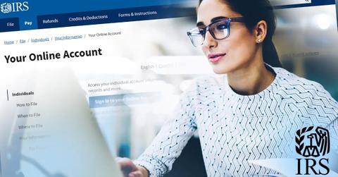 A woman in white checking her tax return status on IRS website.