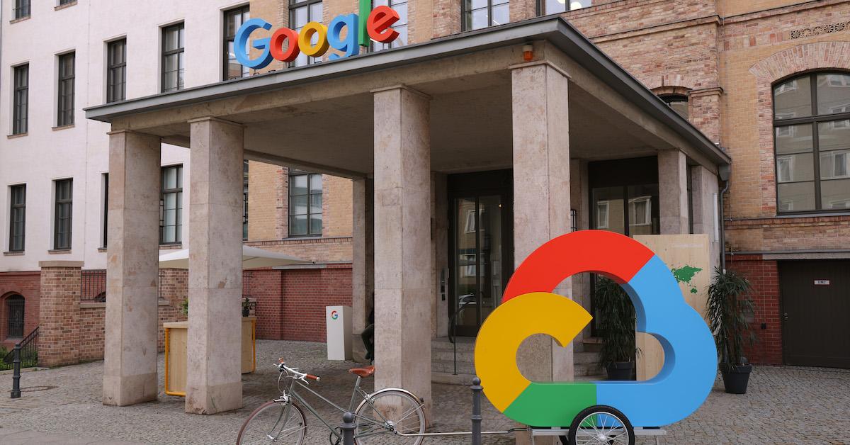 Google Cloud sign in front of a Google building