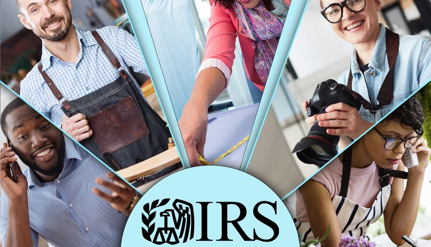 Various people around the IRS logo