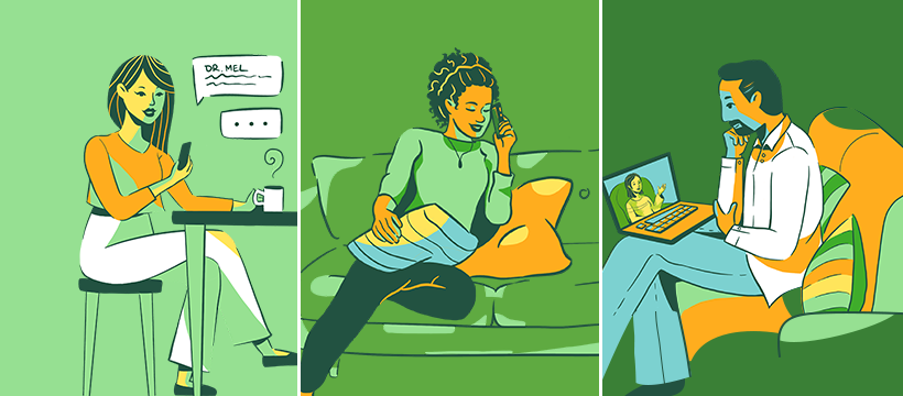 An illustration of people doing virtual mental health therapy