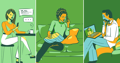 An illustration of people doing virtual mental health therapy