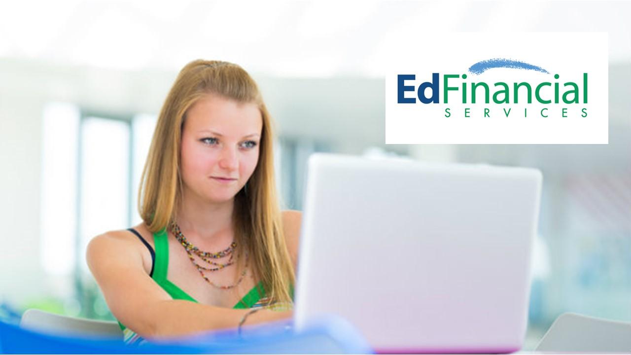 A woman using a laptop and the EdFinancial Services logo