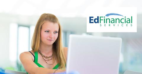 A woman using a laptop and the EdFinancial Services logo