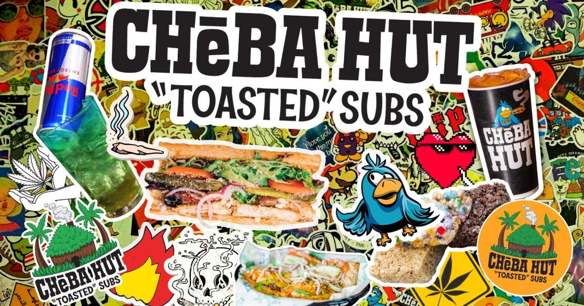 A collage of Cheba Hut subs, logos, and beverages