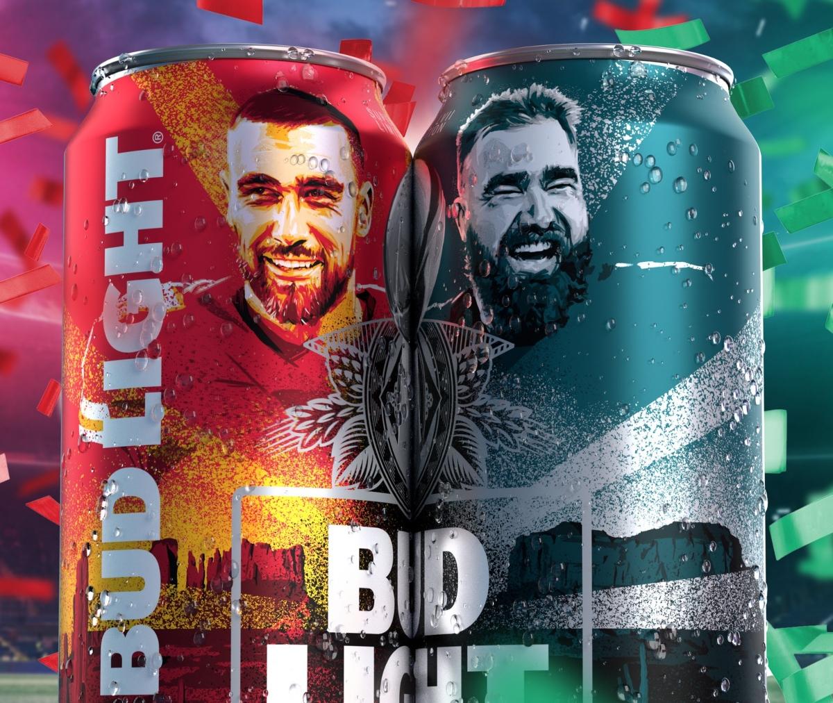 Bud Light cans featuring the Kelce brothers before the Super Bowl