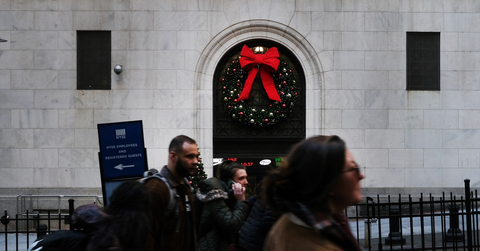 Christmas wreath on wall street building