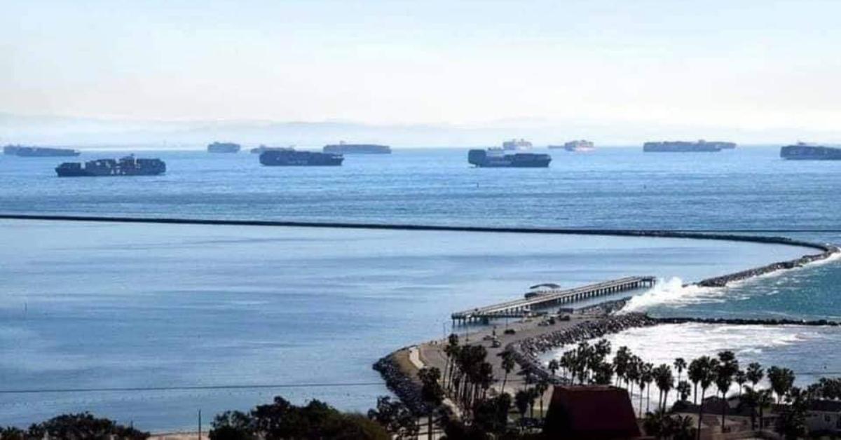 Container ships waiting to dock and unload