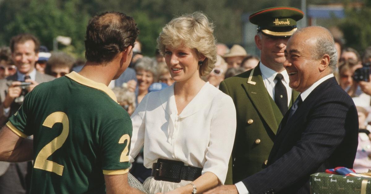 Prince Charles, Princess Diana, and Mohamed Al-Fayed attend a polo match.