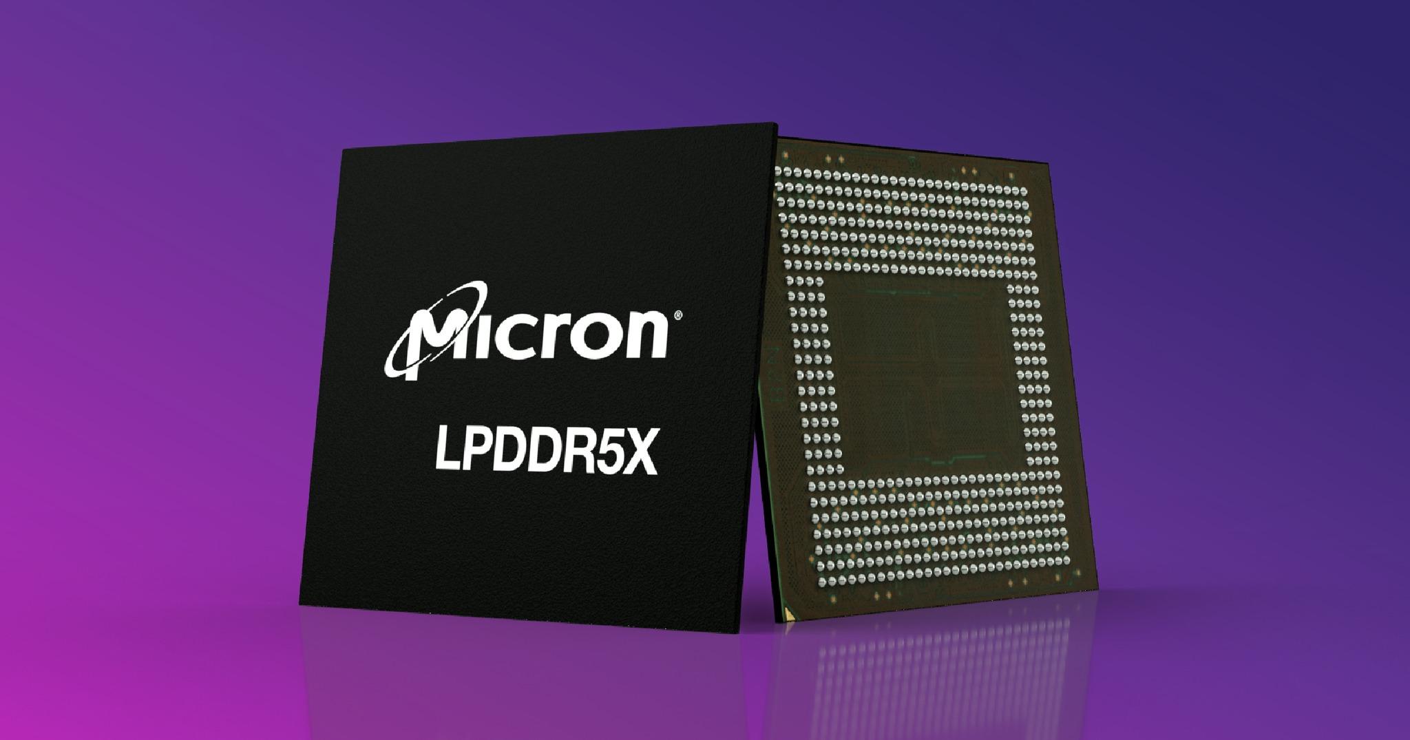 Black Micron semiconductor chip on purple background