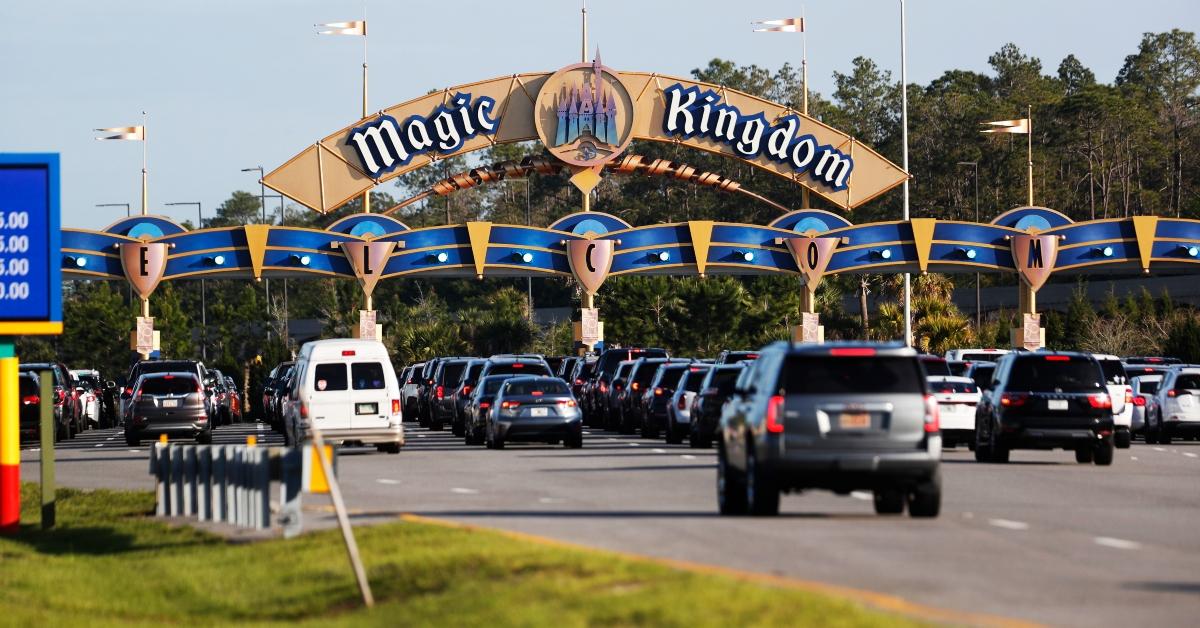 Cars line up at the Magic Kingdom entrance.