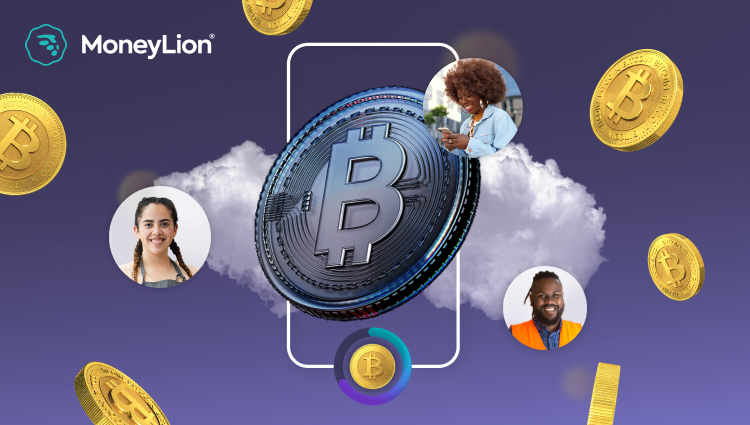 Image of Bitcoin coin over MoneyLion logo