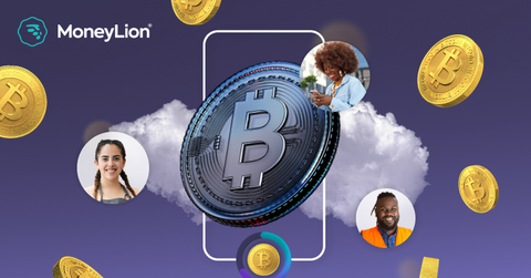 Image of Bitcoin coin over MoneyLion logo