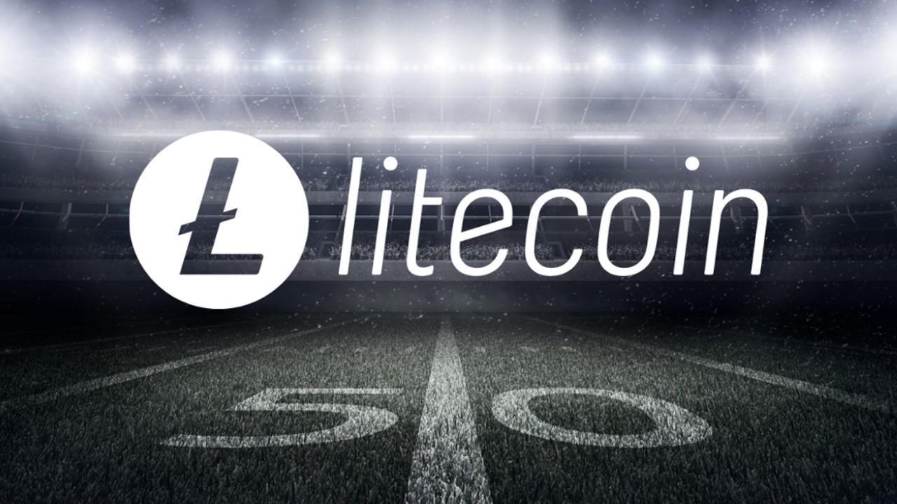 Litecoin logo and the 50 yard line on a football field