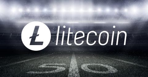 Litecoin logo and the 50 yard line on a football field