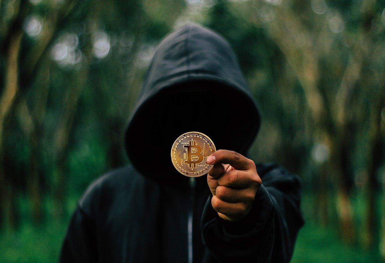 Person in a dark hoodie holding Bitcoin