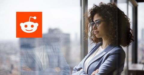 Woman looking out a window and Reddit logo