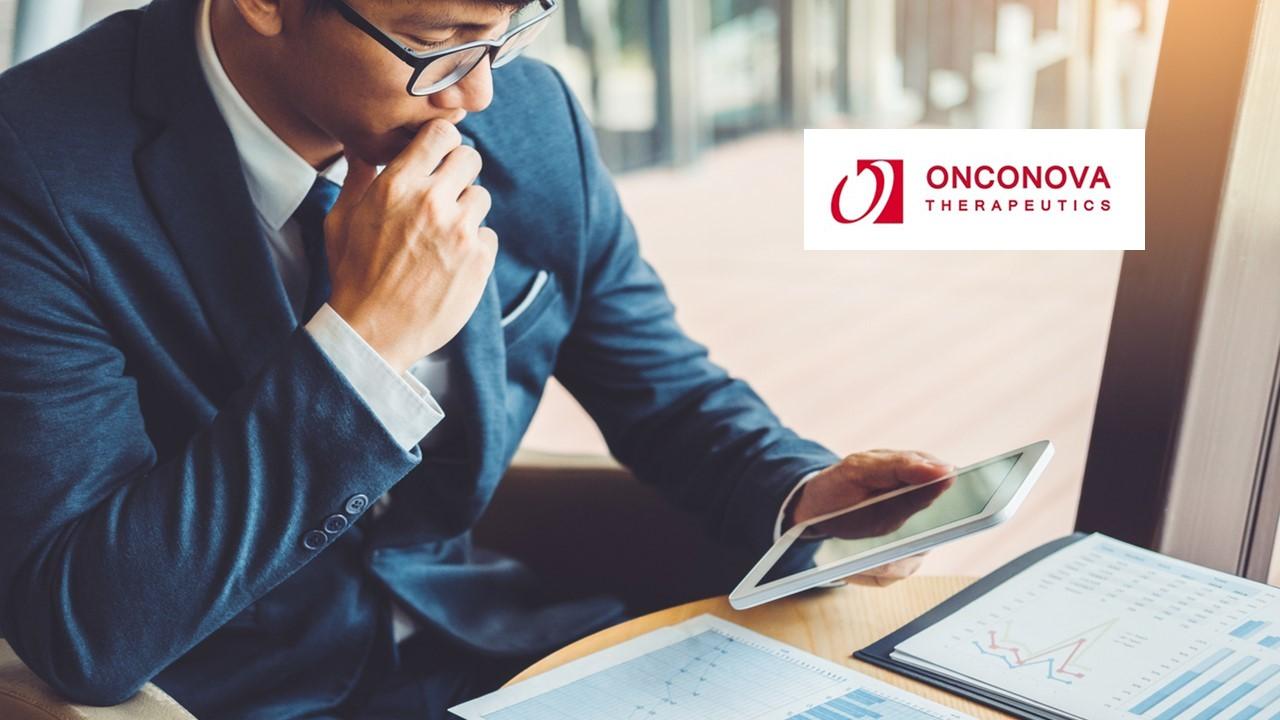 Man looking on a tablet and Onconova Therapeutics logo