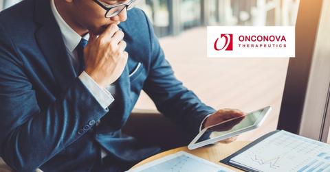 Man looking on a tablet and Onconova Therapeutics logo